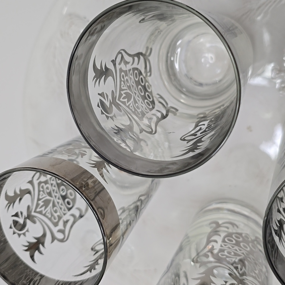 Vintage MCM Set Of 4 Kimiko Silver Knight Shield Highball Glasses Barware - Picture 8 of 16